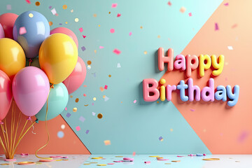 A horizontal, high-definition 3D rendering of a vibrant birthday scene with floating balloons and confetti set against a colorful backdrop. The balloons appear weightless, clustered in an asymmetric b