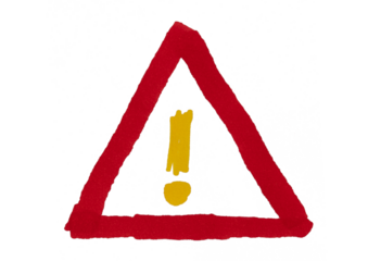 A simple, hand-drawn red triangle with a yellow exclamation point inside, symbolizing a warning, danger, an alert, or a need for attention.