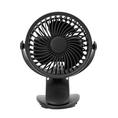 Mini electric black fan isolated on white background. Portable electric equipment that is very useful in hot weather