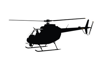 Silhouette of a helicopter with spinning rotors, isolated on white background, showcasing its design and functionality in the realm of air transportation