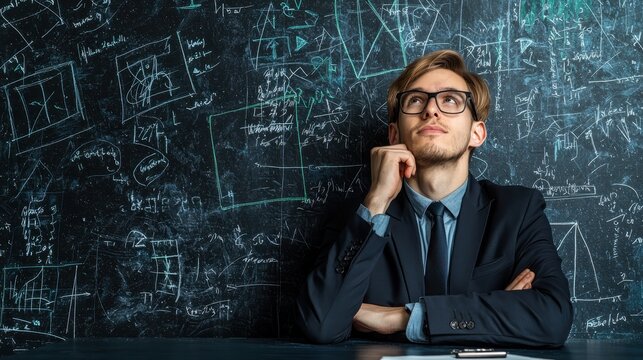 Pensive Young Man Contemplating Complex Math Equations on Chalkboard