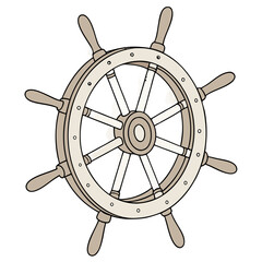 A vintage wooden ship s wheel with spokes and handles isolated on a black background © RUJINA