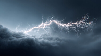 Dramatic image of a bright lightning bolt striking through dark, ominous storm clouds. Powerful natural phenomenon. Metaphor for change, impact, and energy.