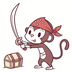 Cute cartoon monkey dressed as a pirate holding a sword and standing next to a treasure chest