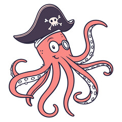 Cute cartoon octopus wearing a pirate hat and monocle smiling with many tentacles