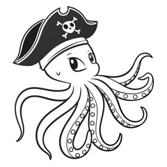 Cute cartoon octopus wearing a pirate hat with a skull and crossbones emblem