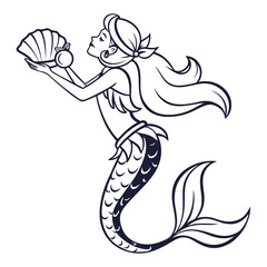 Elegant mermaid holding a seashell with a pearl in her hands a mythical sea creature illustration