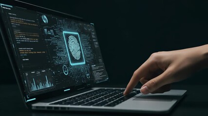 Fingerprint Authentication on Laptop: Biometric Security Scan, Data Protection, and Cybersecurity Technology Demonstration - Powered by Adobe