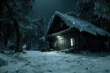Snowy, rustic log cabin at night in a wintry forest