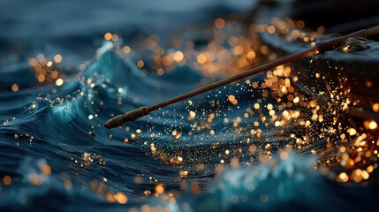 Golden sparks fly from a wooden pole in dark water
