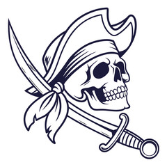 Stylized pirate skull wearing a tricorn hat with crossed cutlass swords and a bandana