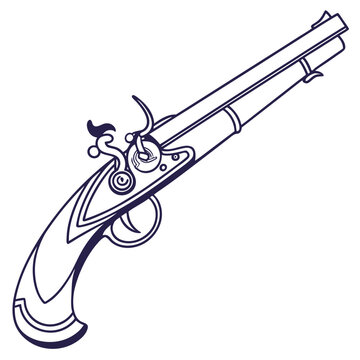 Stylized outline illustration of an antique flintlock pistol with intricate detailing on the handle and mechanism
