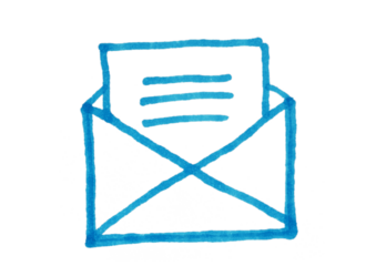 A hand-drawn illustration of an open envelope with a letter inside, depicted in a simple, blue marker style on a light background. This icon symbolizes communication, messaging, email, and invitations