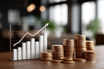High detail 3D rendering of a financial chart upwards with gold bars and coins in the background, cinematic lighting