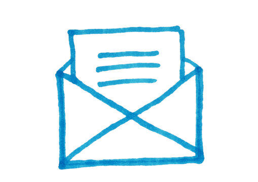 A hand-drawn illustration of an open envelope with a letter inside, depicted in a simple, blue marker style on a light background. This icon symbolizes communication, messaging, email, and invitations - Powered by Adobe