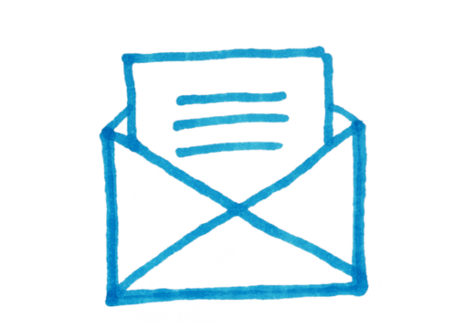 A hand-drawn illustration of an open envelope with a letter inside, depicted in a simple, blue marker style on a light background. This icon symbolizes communication, messaging, email, and invitations