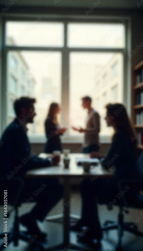 Poster generative ai image of a business meeting with blurred figures at a table and a window view behind