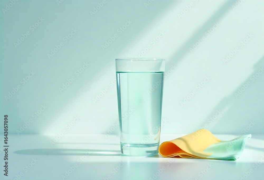 Poster Generative AI image of a glass of water and a folded napkin with sunlight and shadows