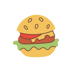 Cartoon Hand Drawn Burger Icon. Playful Hamburger vector illustration. Fast food whimsical drawing with lettuce meat tomato and sesam