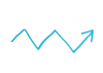A blue hand-drawn zig-zag arrow points upwards, indicating volatile growth, sharp turns, and an overall upward direction.
