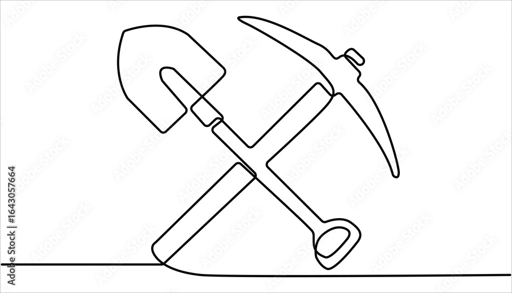 Poster continuous line drawing art pickaxe tool mining pickaxe concept, continuous one line drawing pick ax