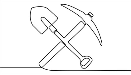 Continuous line drawing art Pickaxe tool Mining Pickaxe concept, Continuous one line drawing pick axe vector illustration, Continuous editable line drawing of pickaxe. One line drawing of pickaxe icon