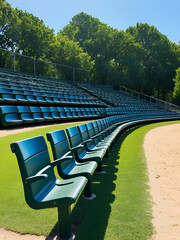 Obraz premium Empty bleachers at a softball field on a sunny day in a peaceful park environment with surrounding greenery