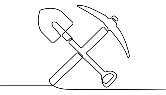 Continuous line drawing art Pickaxe tool Mining Pickaxe concept, Continuous one line drawing pick axe vector illustration, Continuous editable line drawing of pickaxe. One line drawing of pickaxe icon
