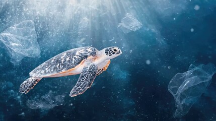 Fototapeta premium A turtle tangled in plastic rings underwater, struggling to swim, murky polluted ocean, heartbreaking wildlife scene 