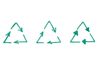 A set of three hand-drawn green recycling symbols in a simple, doodle style. The icons are depicted with different levels of detail on a light background, symbolizing ecology, sustainability