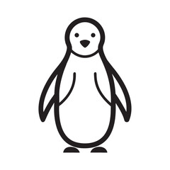 A simple black and white outline illustration of a cute penguin standing front facing