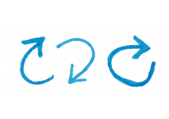 Three hand-drawn blue arrows in a loop, symbolizing a cycle, repetition, a return to the beginning, or a continuous process.