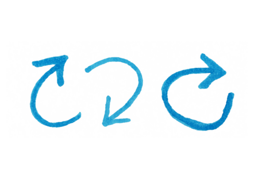 Three hand-drawn blue arrows in a loop, symbolizing a cycle, repetition, a return to the beginning, or a continuous process.