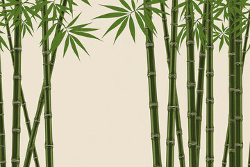 Green Bamboo Stalks and Leaves on Beige Background