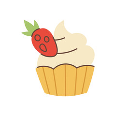 Flat Sweet Cupcake with Berry top. Cute Dessert Treat in playful vector style for bakery branding and party cards.