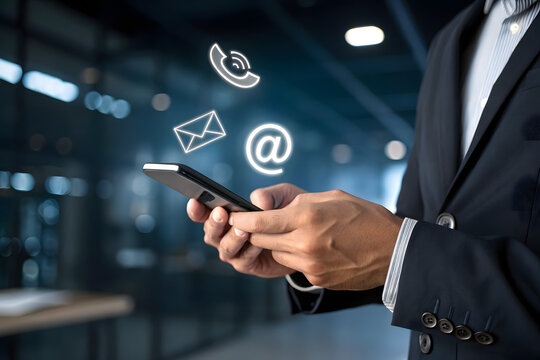 A businessman holding a smartphone and looking at contact information. A digital graphic illustration enhances the scene