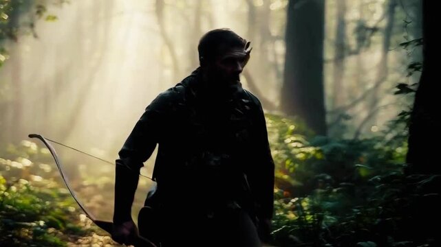 At dawn, hunter move silently through misty undergrowth, armed with bows and arrows tracking deer with respect. 4k video