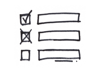 Hand-drawn checklist with a checked box, a crossed-out box, and an empty box, illustrating concepts of task completion, failure, and future planning.