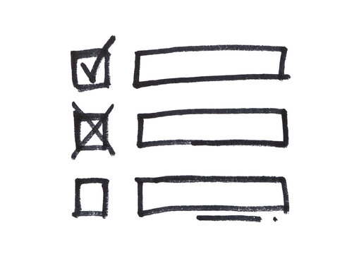 Hand-drawn checklist with a checked box, a crossed-out box, and an empty box, illustrating concepts of task completion, failure, and future planning.