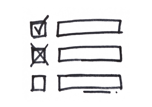 Hand-drawn checklist with a checked box, a crossed-out box, and an empty box, illustrating concepts of task completion, failure, and future planning.