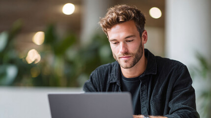 Focused young man working on a laptop, embodying concentration and modern lifestyle. Ideal for themes of technology, business, education, and digital nomadism.
