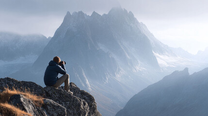 A photographer captures a majestic mountain range. Solitude, adventure, and passion for nature are represented in this aweinspiring landscape. Ideal for travel or photography themes.
