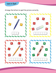Spelling worksheet for kids, learn to spell, practice spelling words, spell the word, word formation, phonics awareness, early reading and writing skill