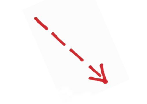 A simple, hand-drawn red dotted arrow pointing diagonally down and to the left. This doodle, resembling a marker sketch on a light background, can symbolize a downward trend, a decrease, or a specific