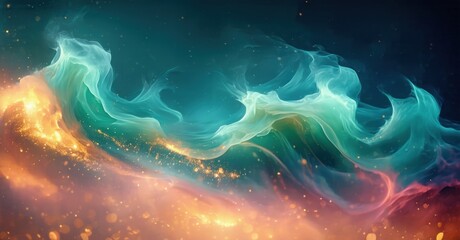 Fototapeta premium Abstract fluid shapes, vibrant colors blend. Turquoise, orange, white create dynamic energy, resembling cosmic waves or nebula formations.