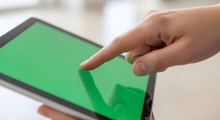 A person&#x27;s hand touching a tablet screen with a vibrant green display, interacting with technology.