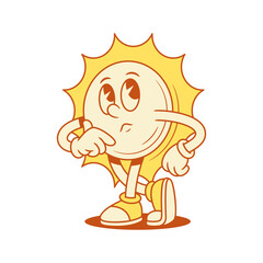 Pensive cute yellow sun cartoon character thinking contoured vector flat illustration. Cheerful playful cute summer sunny sunlight sunshine hot mascot thoughtful making decision solving
