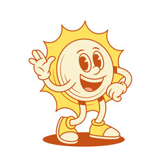 Funny happy yellow sun cartoon character greeting hi contoured vector flat illustration. Cute smiling summer sunny sunlight sunshine mascot welcome hello waving hand positive emotion