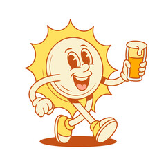 Smiling yellow sun cartoon character with beer glass contoured vector flat illustration. Happy comic summer sunlight sunshine mascot walking with refreshment cocktail beverage cold drink