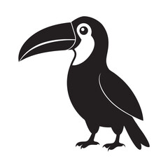 A stylized black silhouette of a toucan with a large beak and bright eye isolated on a white background